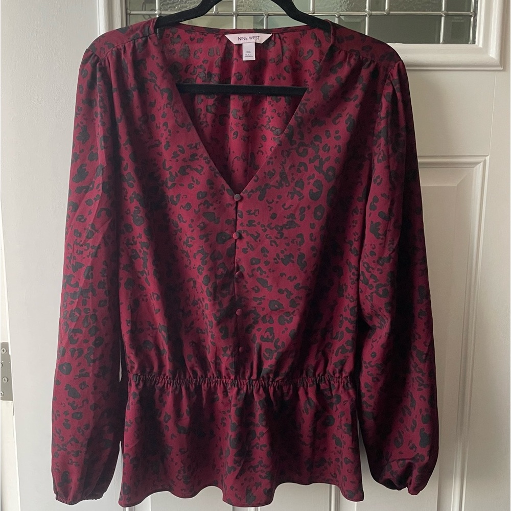 NINE WEST BURGUNDY CHEETAH PRINT LONG SLEEVE BLOUSE